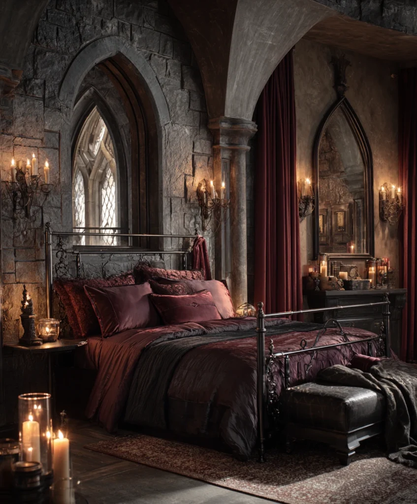 dramatic Gothic-style vintage bedroom with a wrought iron bed frame, dark burgundy bedding, and candle-style sconces
