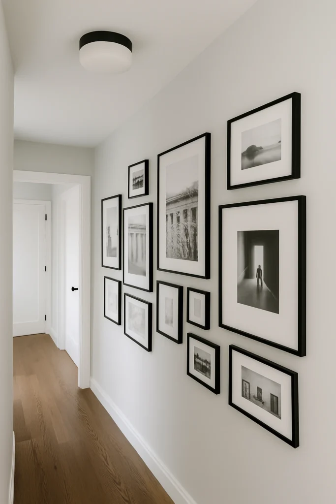 cozy hallway decorated with a dynamic gallery wall arrangement made of frames displaying black-and-white photographs and vintage-style artwork