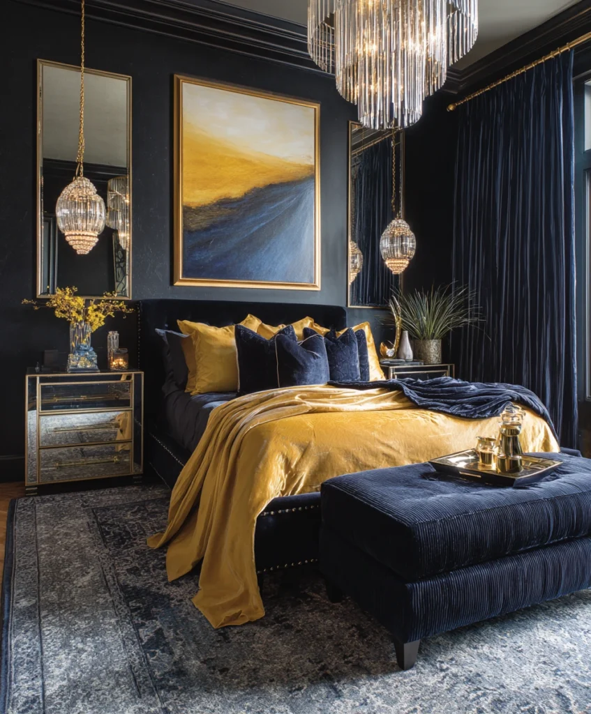 glamorous Hollywood Regency bedroom with mirrored furniture, a black lacquered bed, and plush velvet bedding in gold and deep navy