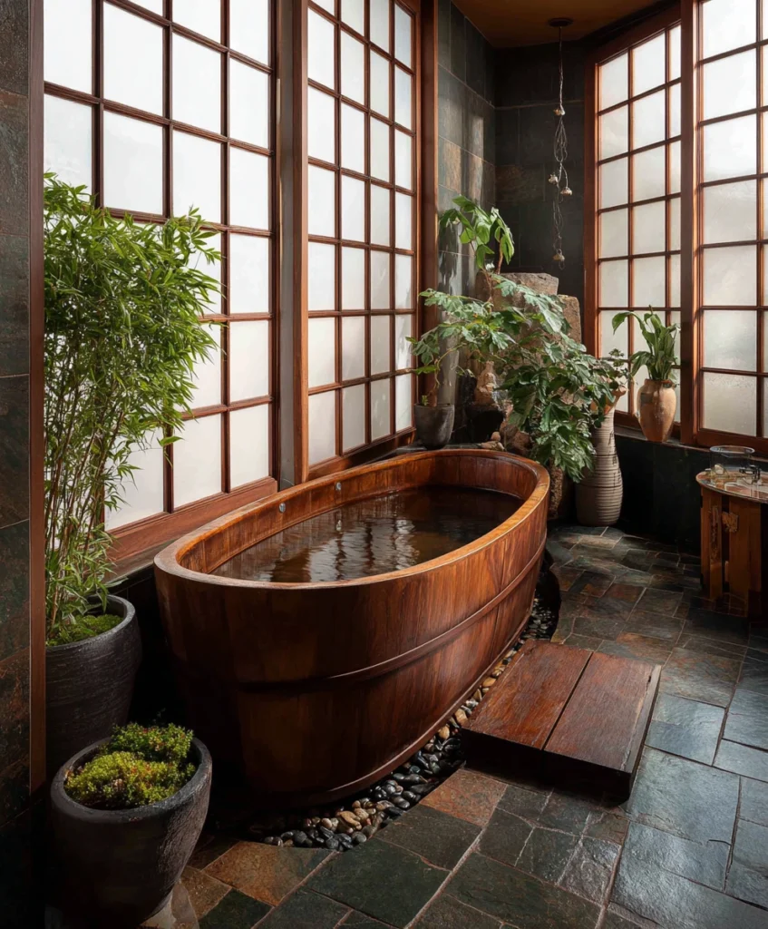 deep wooden Japanese-style soaking tub in a tranquil stone-floored bathroom, shoji windows, bonsai plants, serene meditative atmosphere, soft natural light