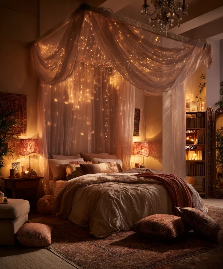 A romantic bedroom with a chandelier above, fairy lights draped over a canopy bed, and matching bedside lamps with fabric shades.