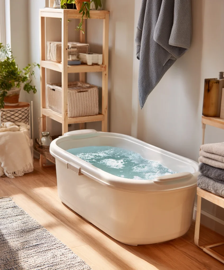 compact portable bathtub in a small apartment bathroom, filled with water, surrounded by soft towels and simple shelving