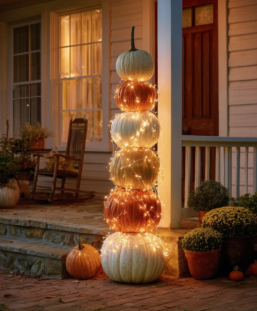 tall vertical tower of stacked pumpkins in varying sizes and shades, wrapped in twinkling fairy lights