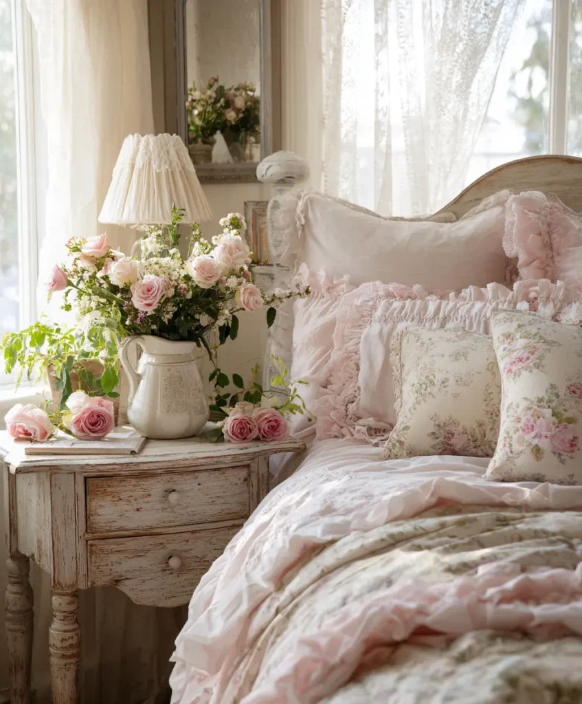 soft shabby chic bedroom with distressed whitewashed furniture, lace curtains, and ruffled pastel bedding