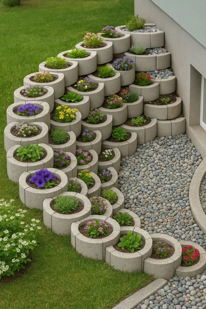 Tiered retaining wall built from circular concrete blocks, doubling as planters for colorful flowers and greenery.
