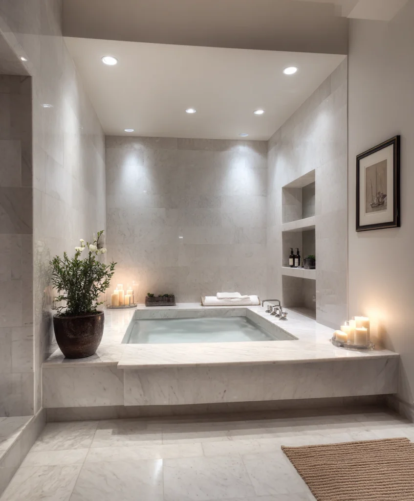 minimalist luxury bathroom with a seamless undermount bathtub installed beneath a marble deck, clean lines, recessed lights, smooth stone walls