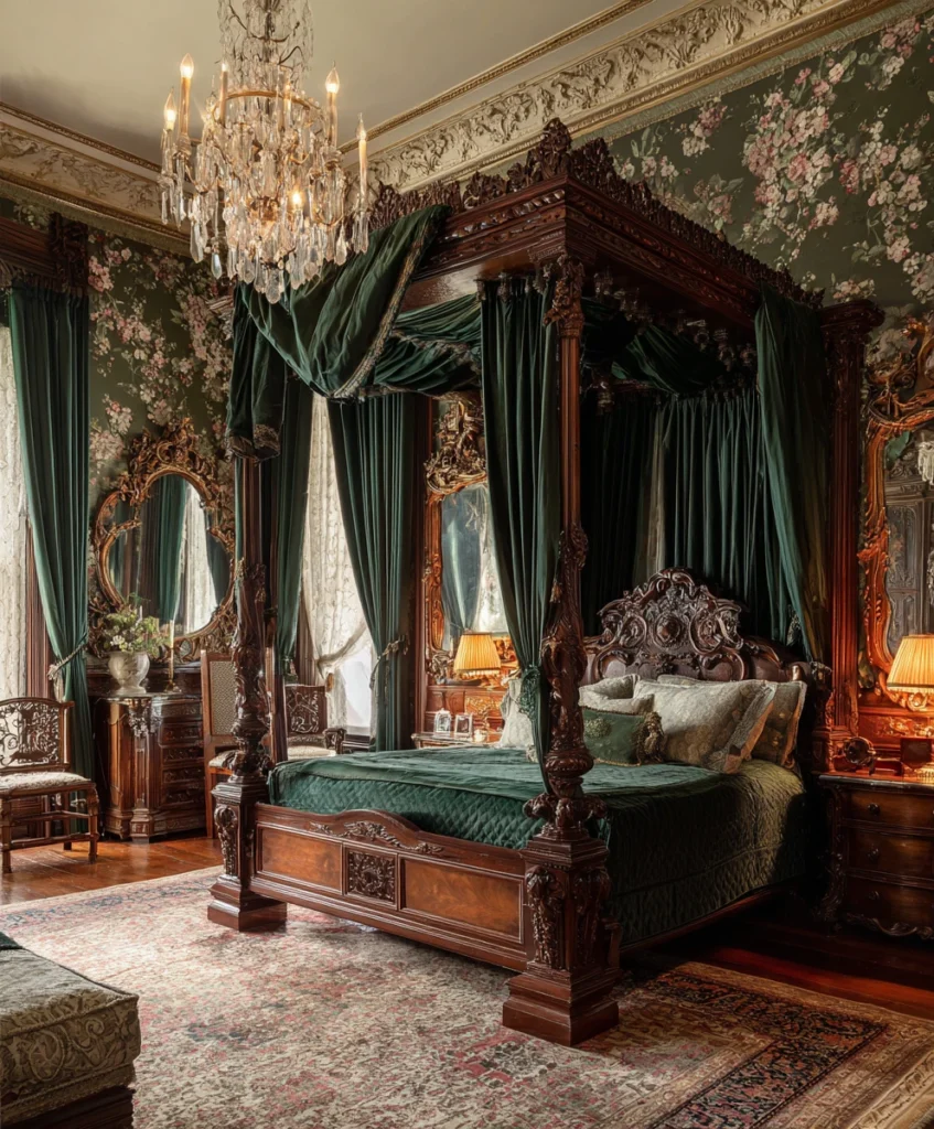 A grand Victorian vintage bedroom with a carved mahogany four-poster bed, heavy velvet drapes in emerald green, and a crystal chandelier.