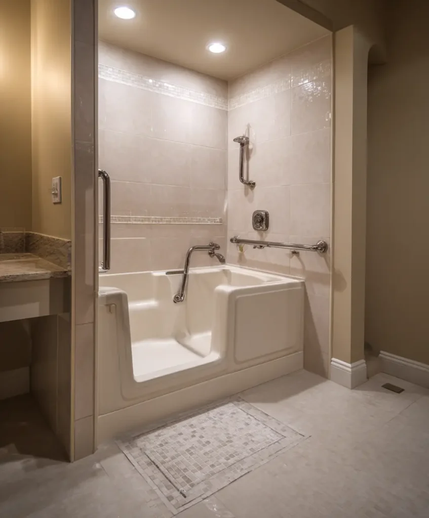 A walk-in bathtub with an easy-access door and built-in seat, installed in a senior-friendly bathroom with safety grab bars, non-slip flooring, and soft warm lighting for accessibility.