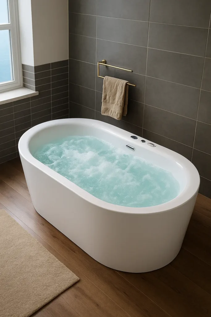 contemporary bathroom with a glowing air bathtub filled with warm water, tiny streams of bubbles rising to the surface