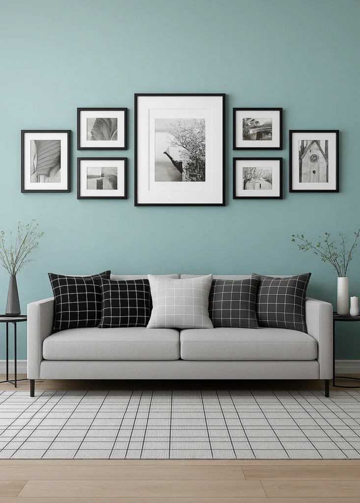 A modern living room wall showcasing an anchored gallery wall arrangement with seven black frames in a perfectly symmetrical layout