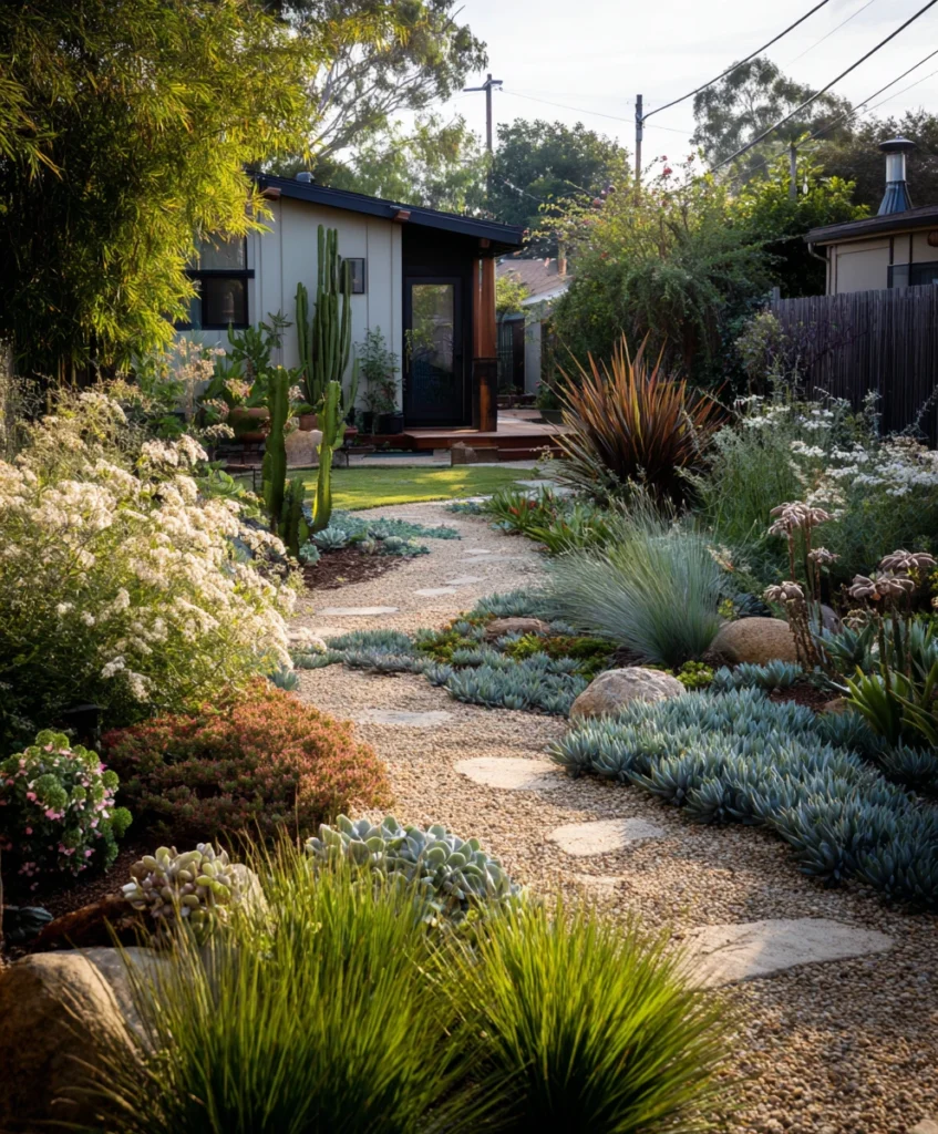 backyard view with organized planting zones, showing lush perennials grouped together, succulents in one section, and low-water grasses in another