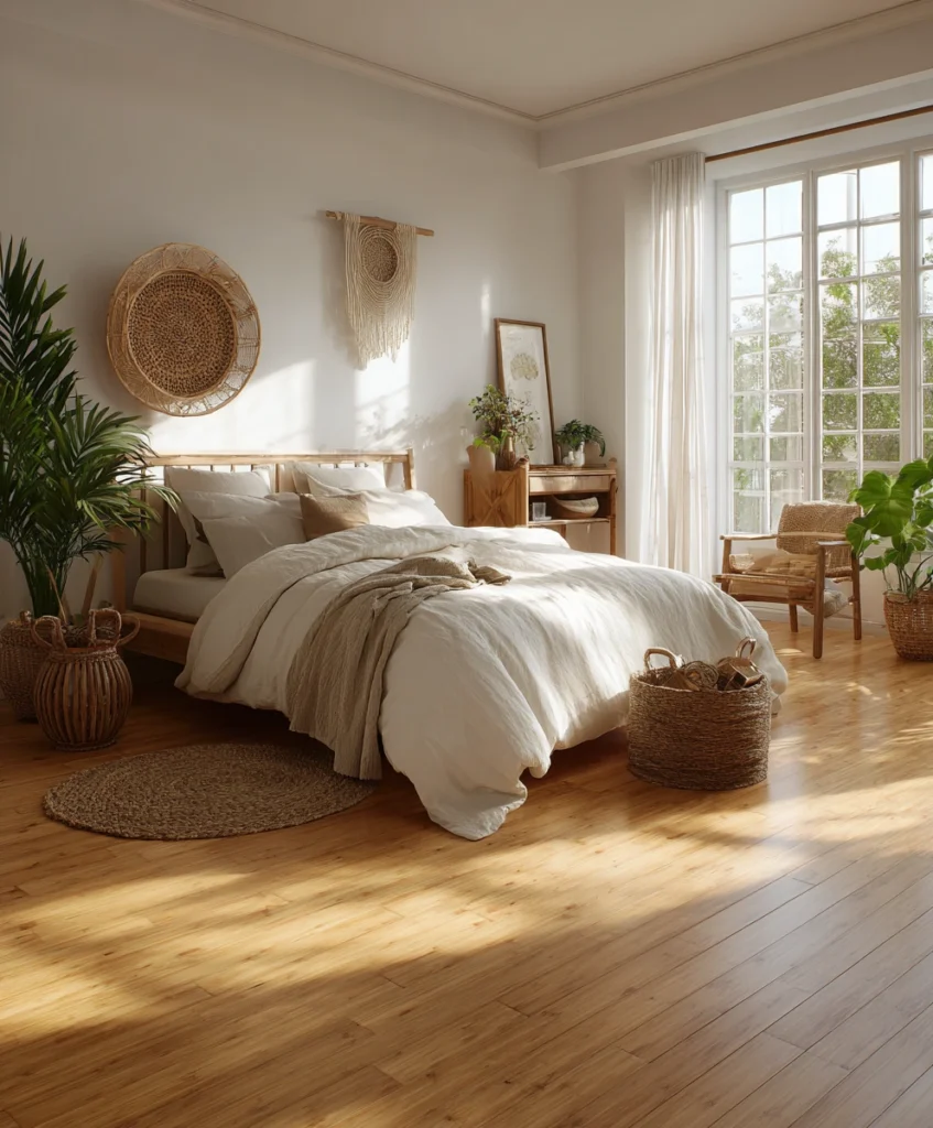 a naturally lit bedroom with bamboo flooring in a light honey shade