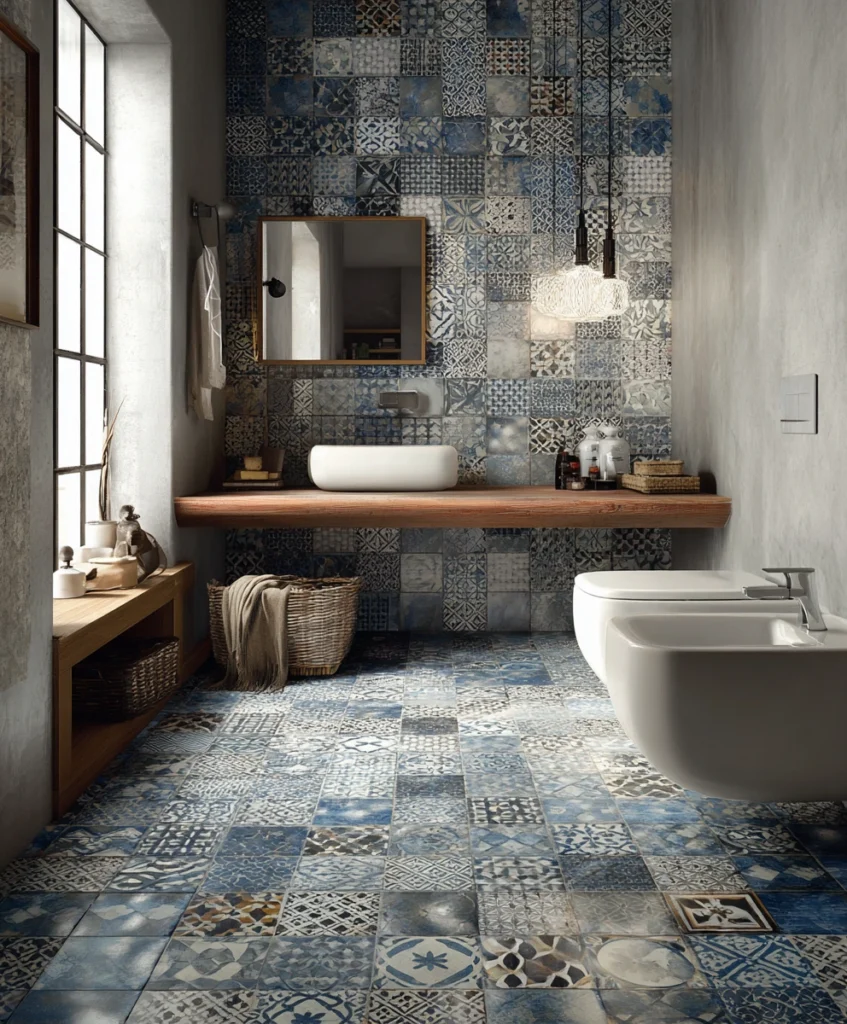 a small bathroom with bold Moroccan-inspired patterned ceramic tiles on the floor
