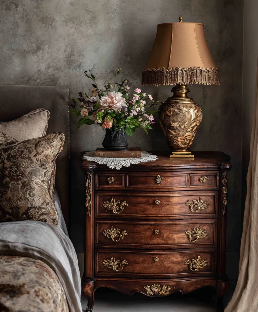 rustic bedroom corner with an antique dresser featuring curved lines and ornate brass handles