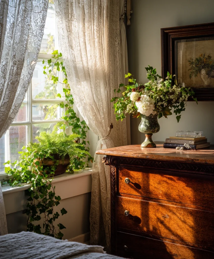 cozy bedroom featuring a trailing ivy plant on the windowsill, a potted fern on a wooden dresser, and fresh blooms in an antique vase
