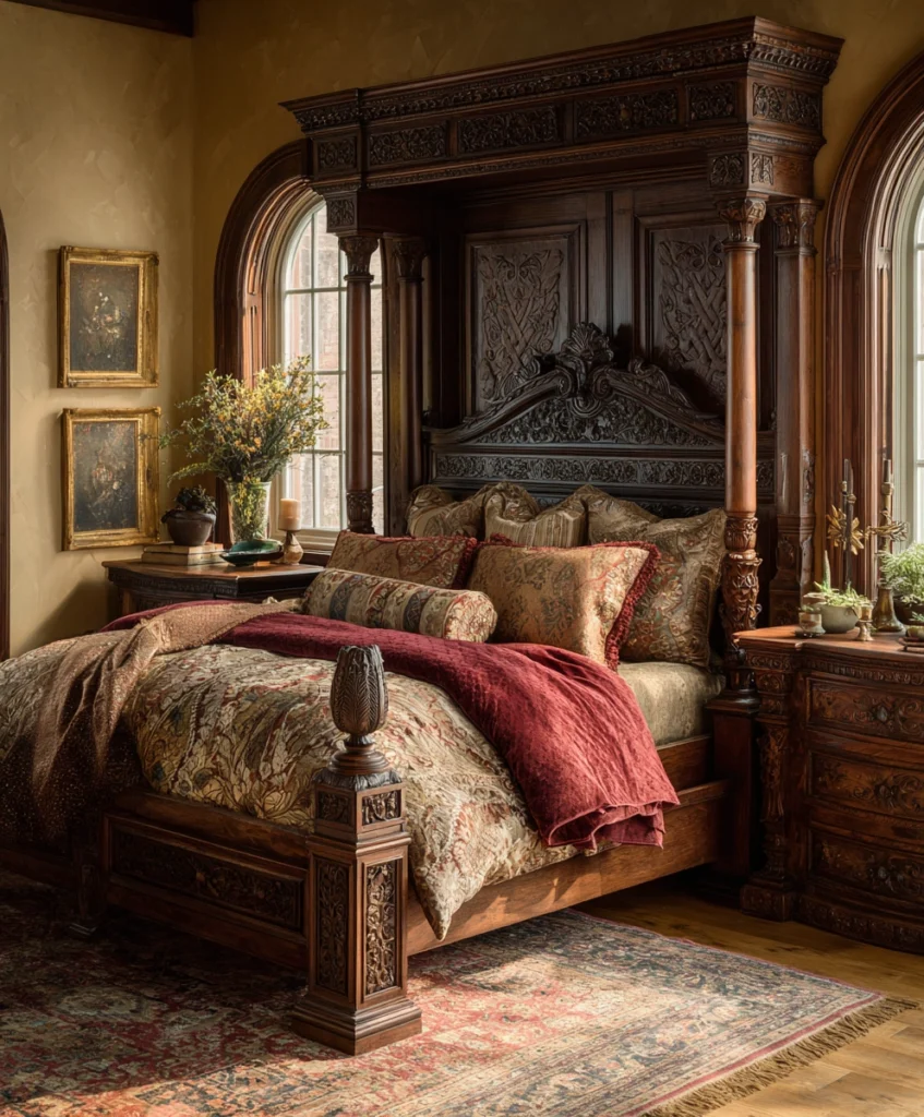 master bedroom with a carved mahogany bed frame as the centerpiece, adorned with embroidered bedding and velvet throw pillows