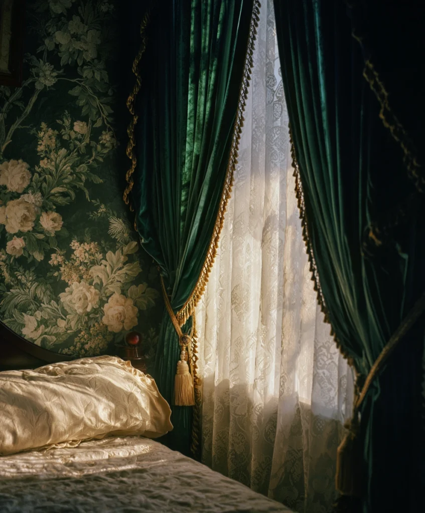 bedroom with sheer lace curtains that softly filter golden morning light