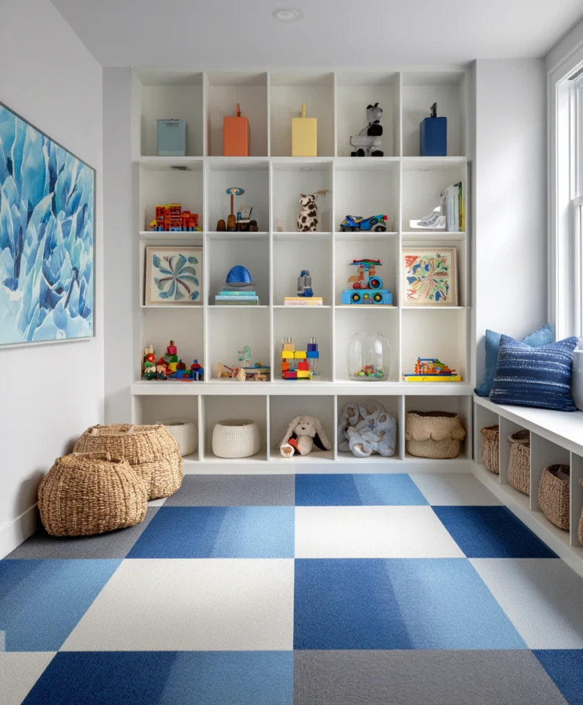 children’s playroom with colorful carpet tiles arranged in a checkerboard pattern of blue and gray