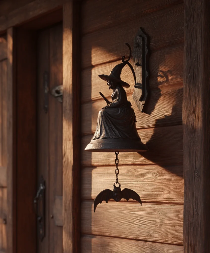 rustic porch with a cast iron witch bell mounted on the wall as halloween home décor