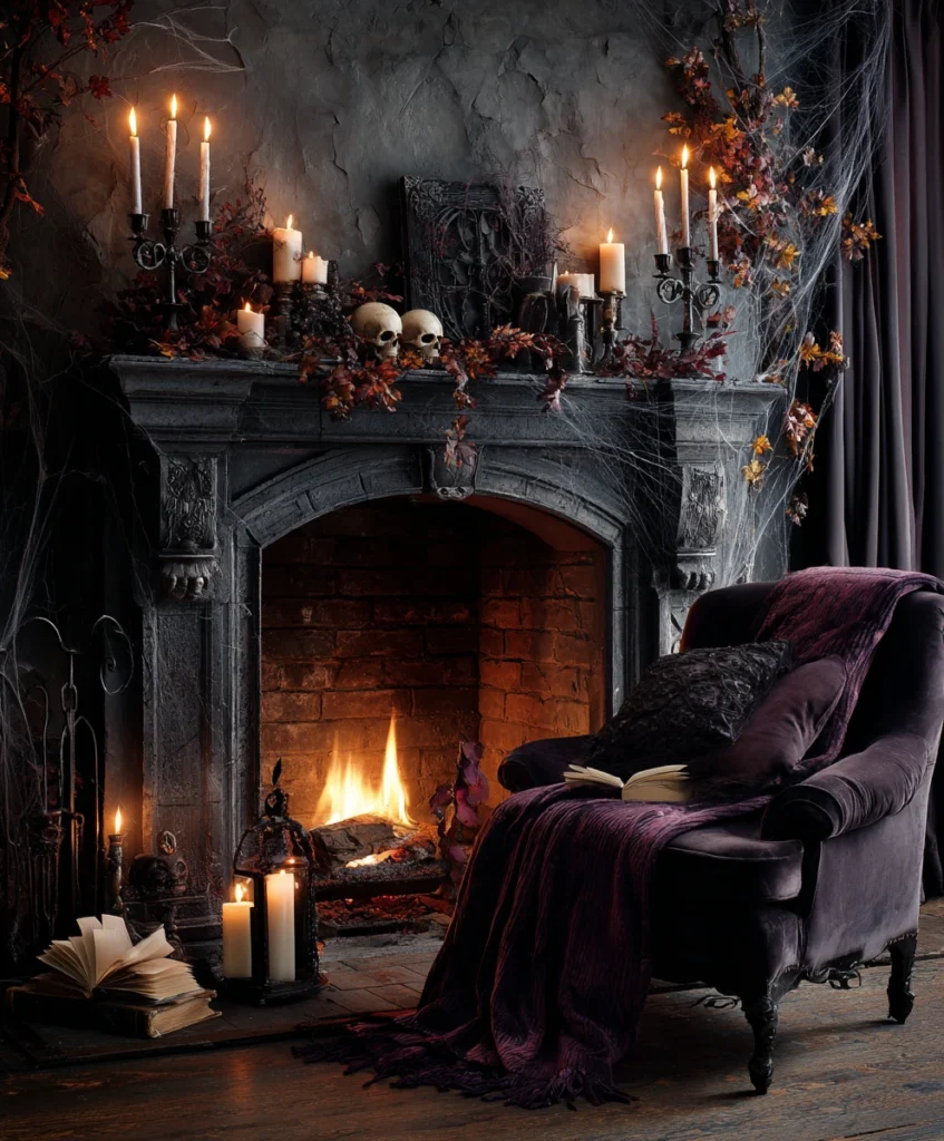 halloween home décor featuring a dark gothic fireplace adorned with cobwebs, autumn leaves, and skull decorations
