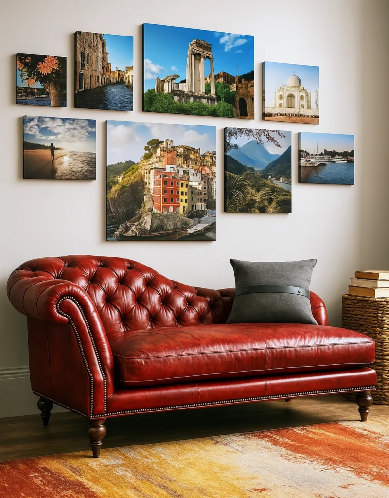 sophisticated living space featuring a bold red leather Recamier sofa, above the sofa, a clustered gallery wall layout displays multiple vibrant travel photographs arranged in a balanced, asymmetrical grid