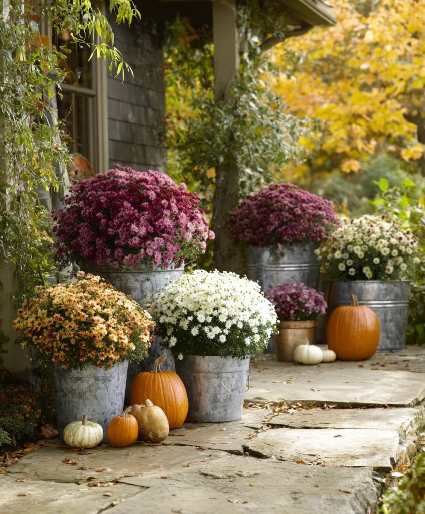 galvanized buckets overflowing with colorful mums; burgundy, gold, and white