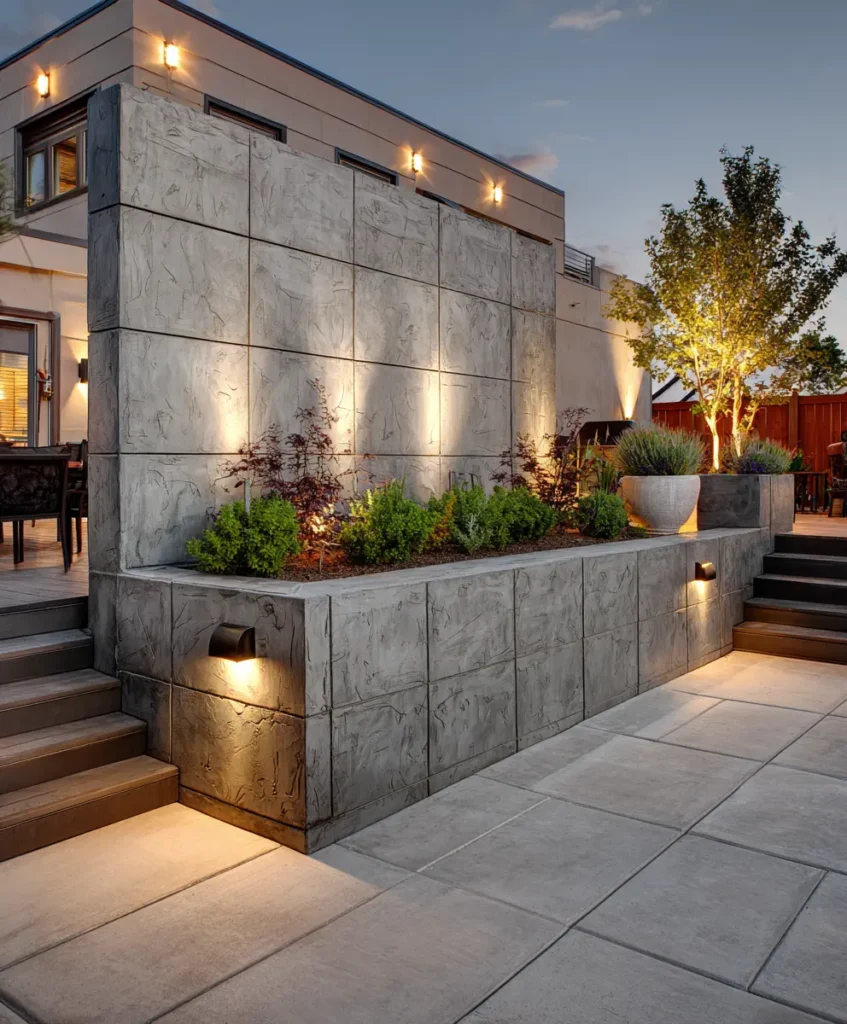 A sleek, modern concrete retaining wall with a stamped stone texture finish.