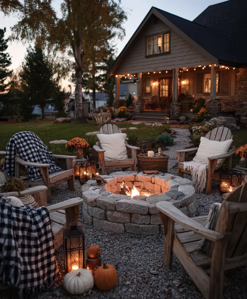 cozy backyard fire pit surrounded by Adirondack chairs with plaid blankets, pumpkins, and lanterns
