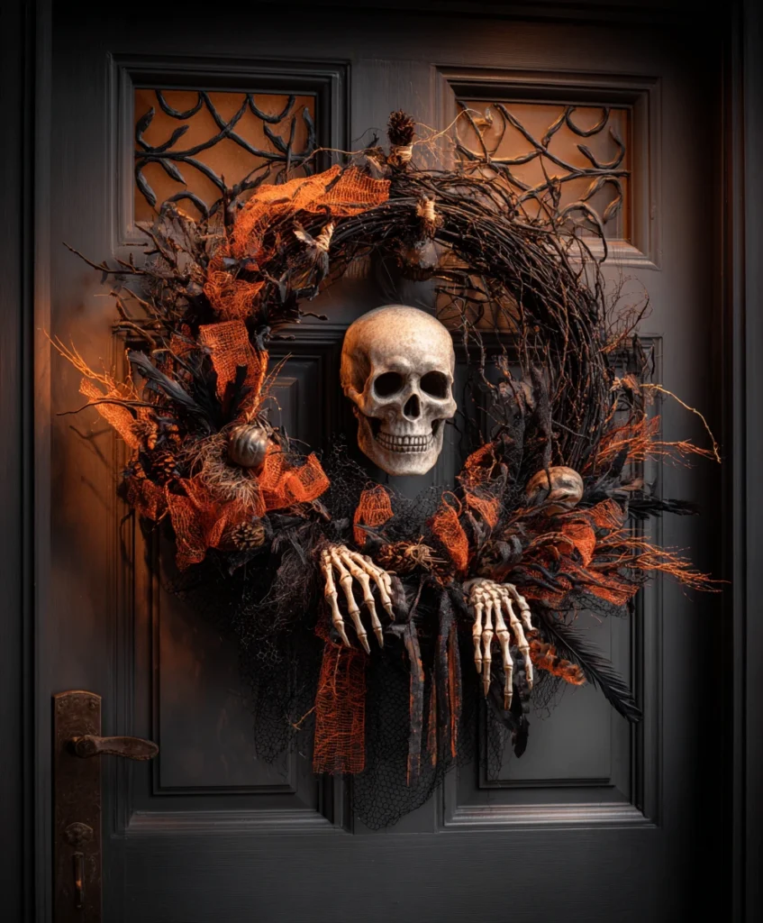 spooky Halloween wreath hanging on a front door