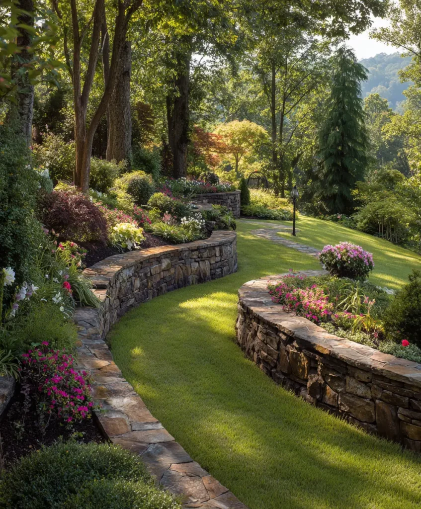 gently curved stone retaining wall guiding a garden pathway