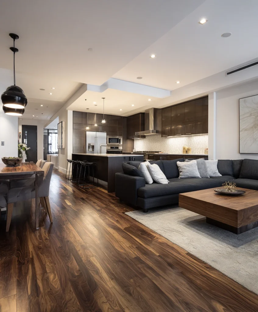 sleek condo interior with engineered wood flooring in a matte walnut finish