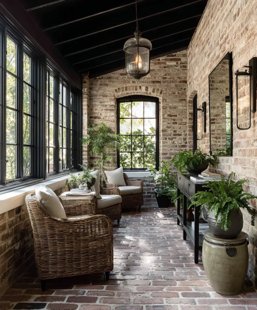 stylish sunroom with exposed red brick flooring