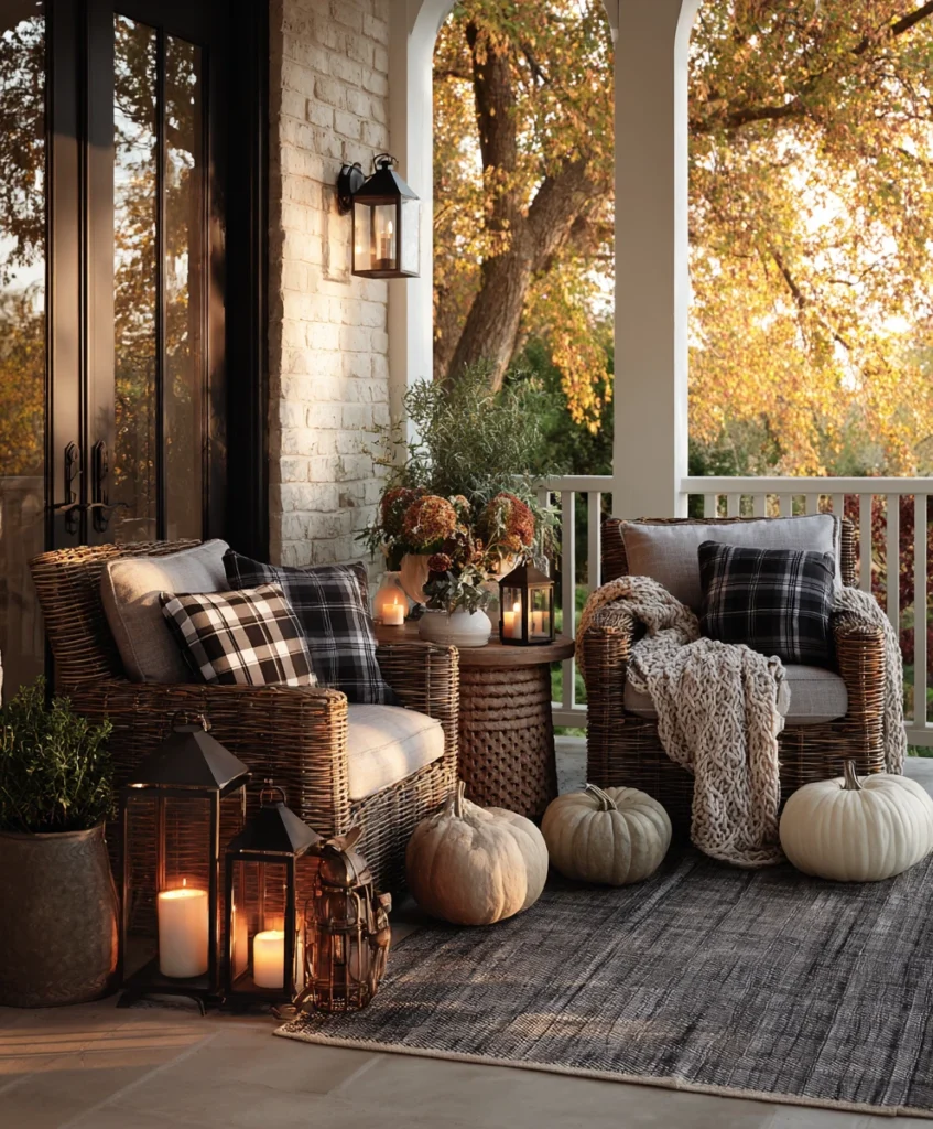 porch seating area with plaid pillows, chunky knit blankets, and buffalo check throws