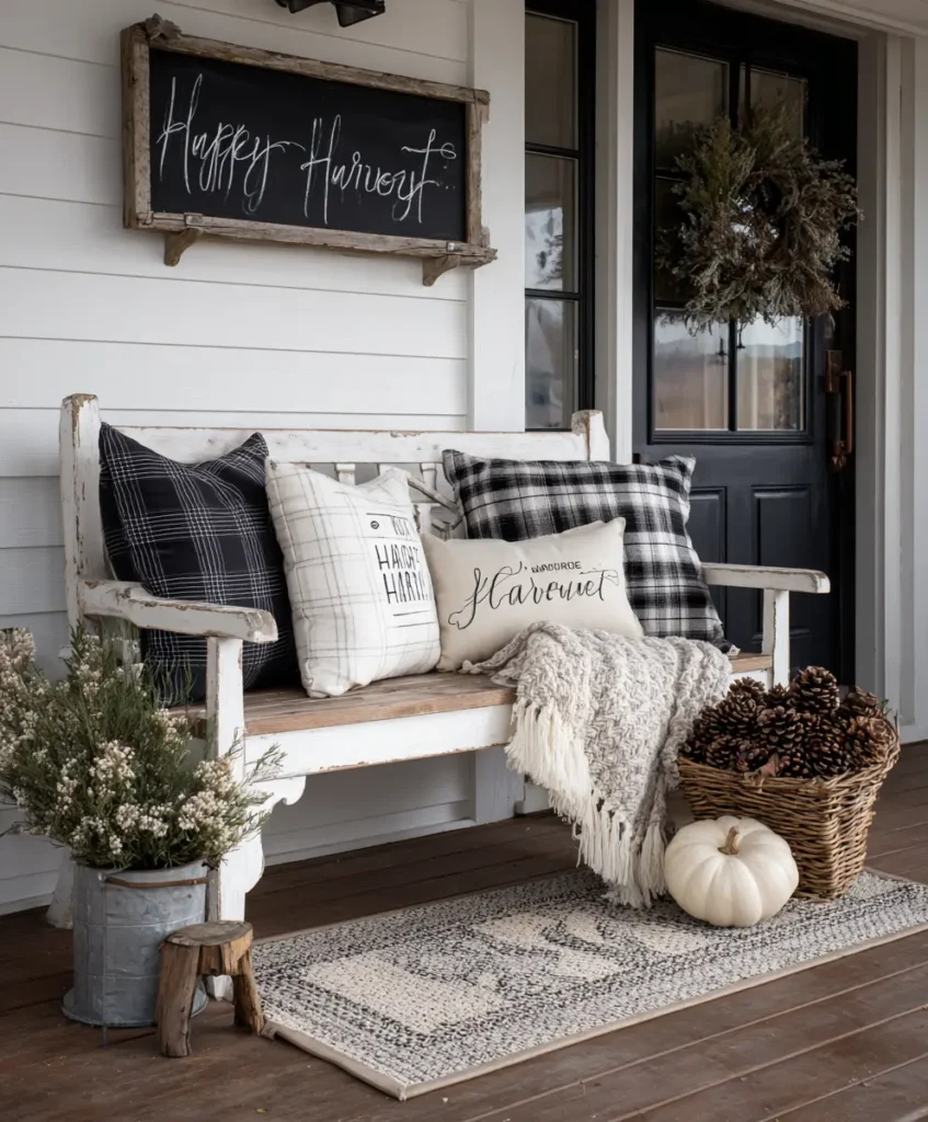 white farmhouse porch bench styled with plaid pillows, a cozy blanket and a basket of pinecones
