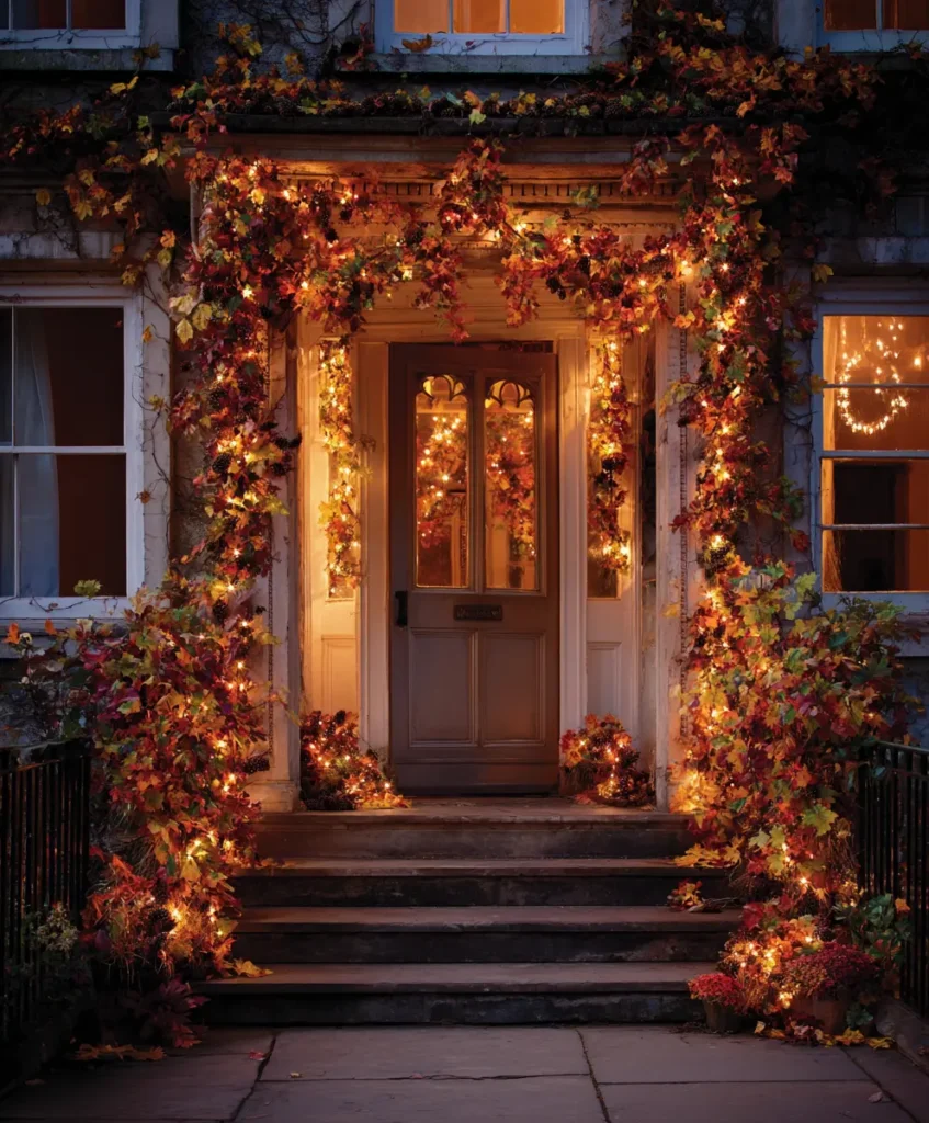 front doorway draped with garlands of faux autumn leaves, pinecones, and berries, with string lights woven in
