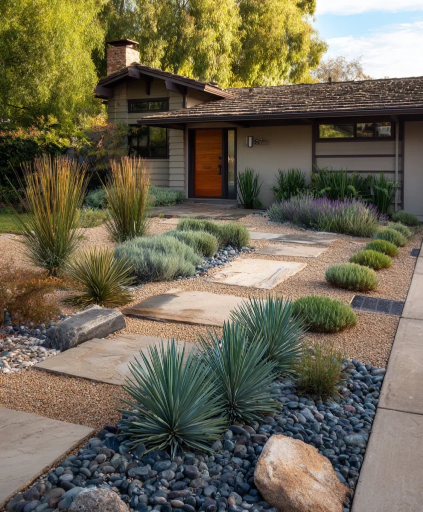 modern front yard featuring gravel and smooth river rocks instead of grass