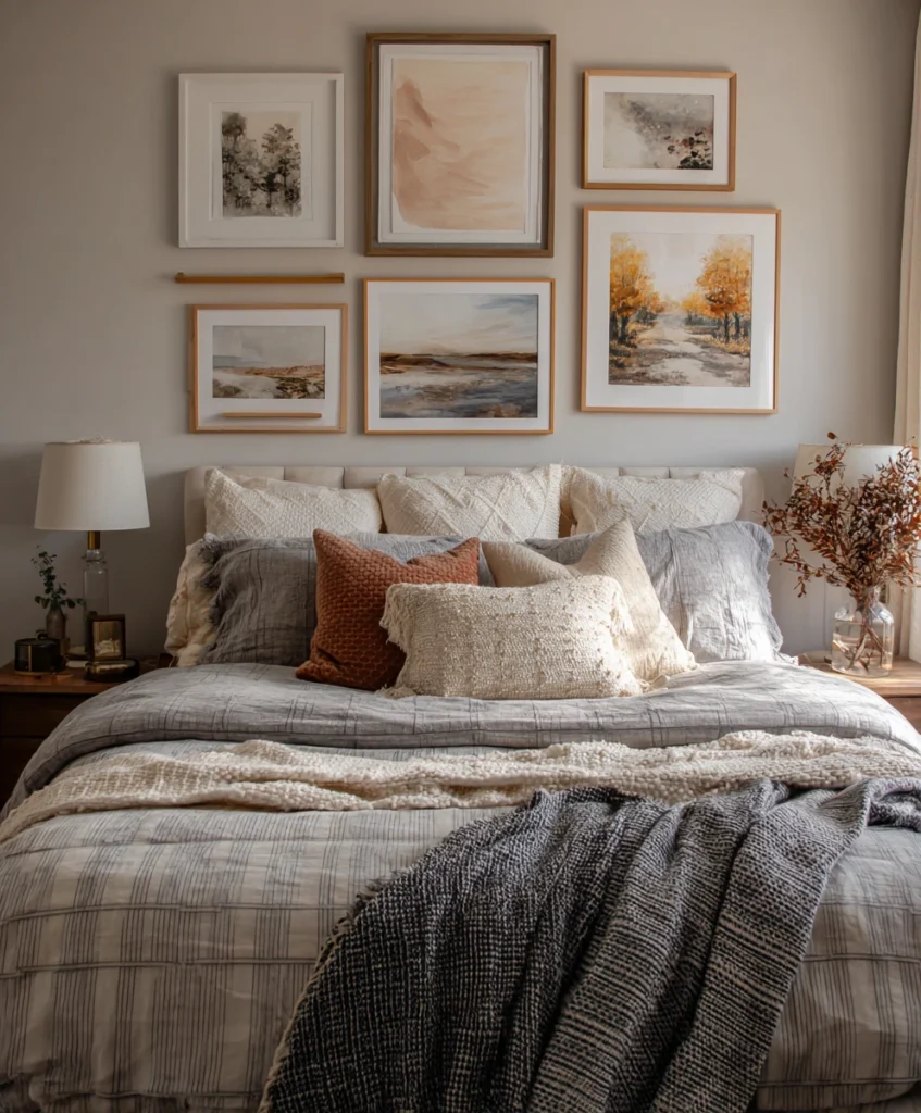 cozy bedroom with a gallery wall above the bed