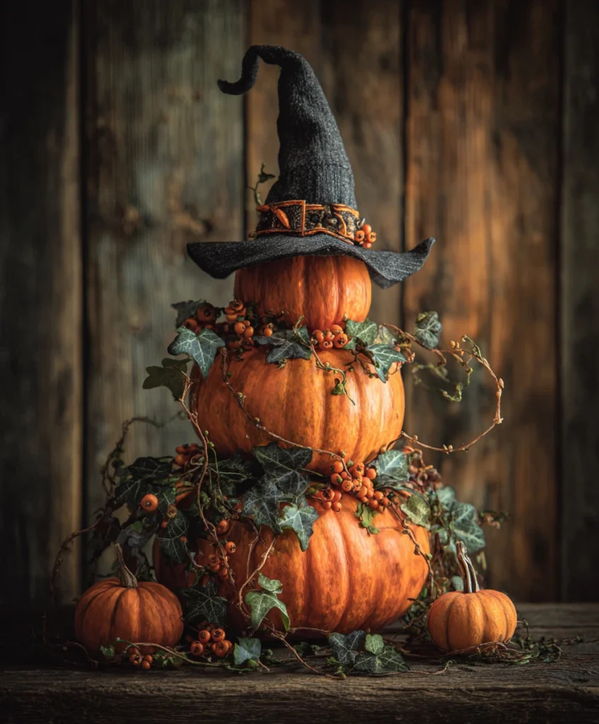 vertical stack of three large pumpkins, each topped with leaves, berries, and vines