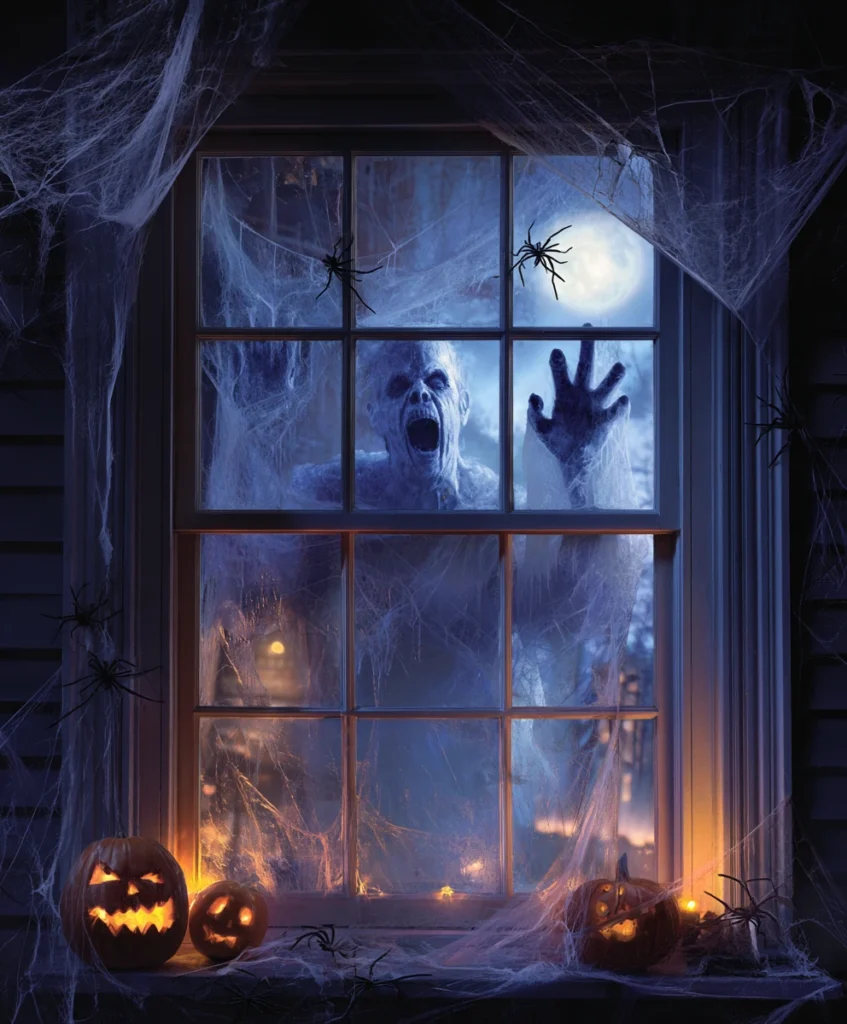 spooky haunted house window at night, decorated with a life-sized horror banner showing a screaming ghost pressing against the glass