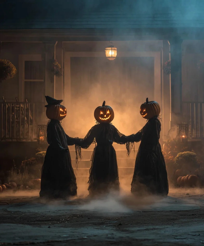 halloween home décor featuring a front yard scene with three life-sized witch figures dressed in black robes, each with glowing pumpkin heads