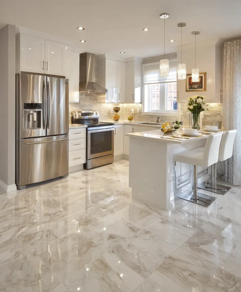 contemporary kitchen with porcelain tile floors in a marble-like pattern