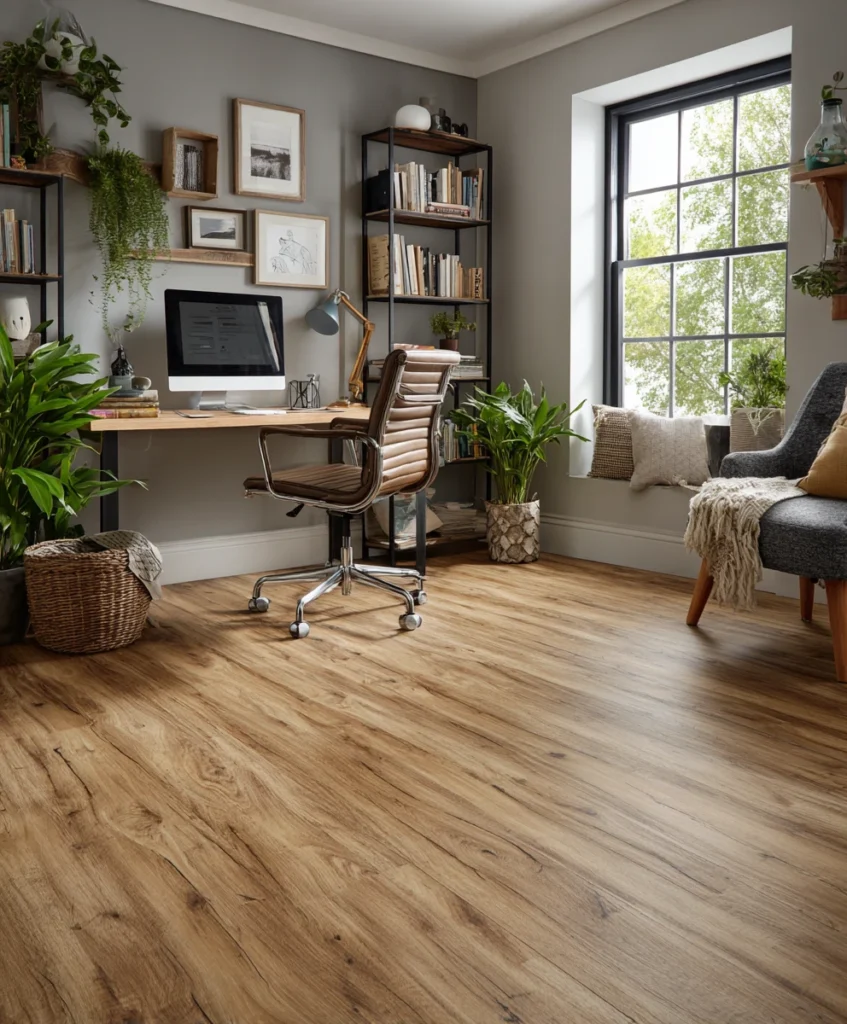 cozy home office with realistic oak-look laminate flooring