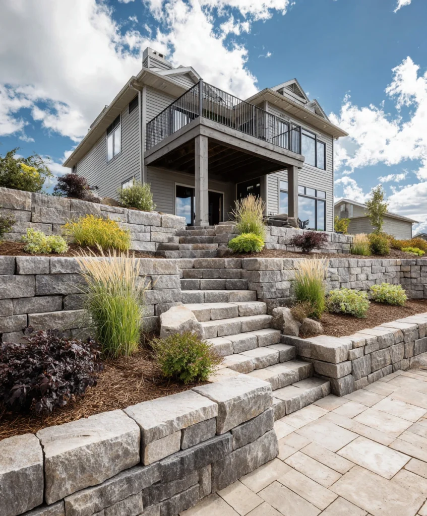 A large suburban home with a beautifully landscaped front yard featuring a tiered retaining wall built from neatly stacked gray stone blocks.