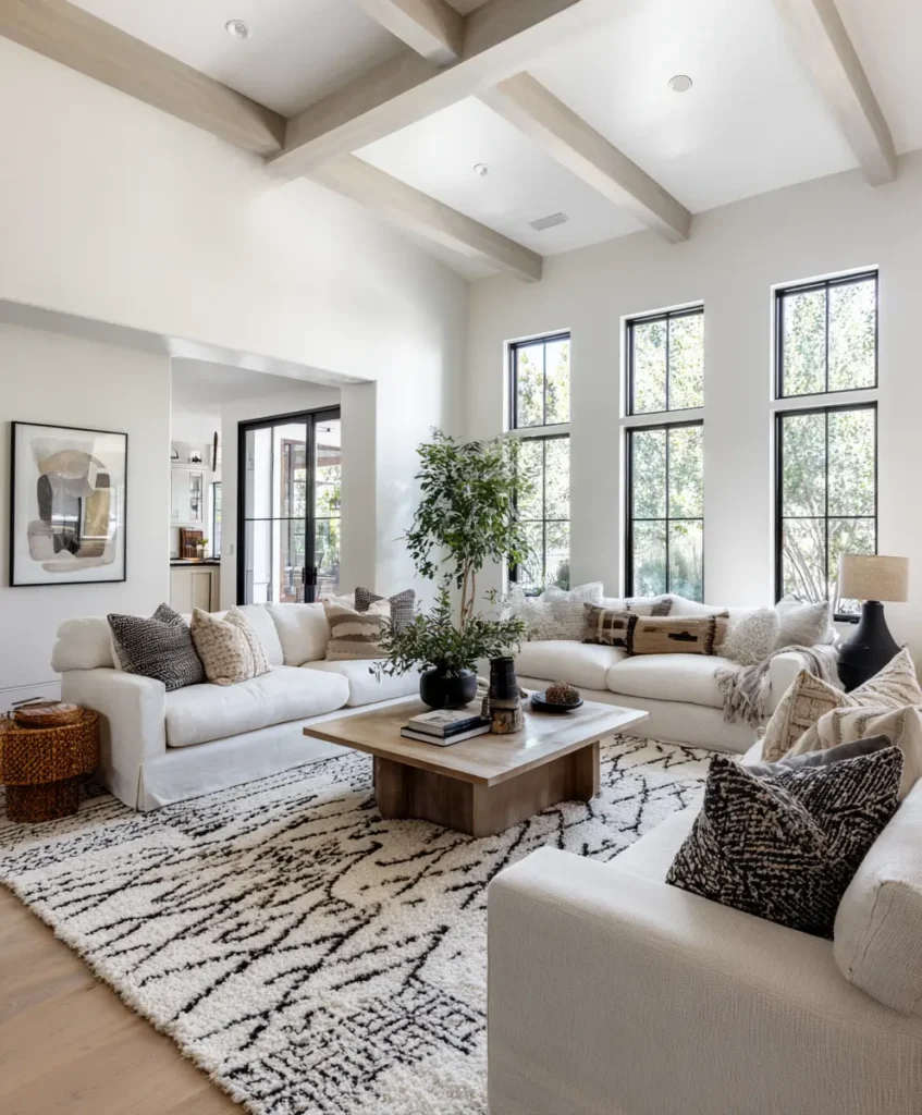 a modern open living space with hardwood floors layered with a large patterned area rug