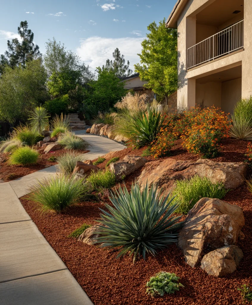 front yard on a gentle slope featuring a garden bed covered in reddish-brown mulch with natural rocks scattered throughout