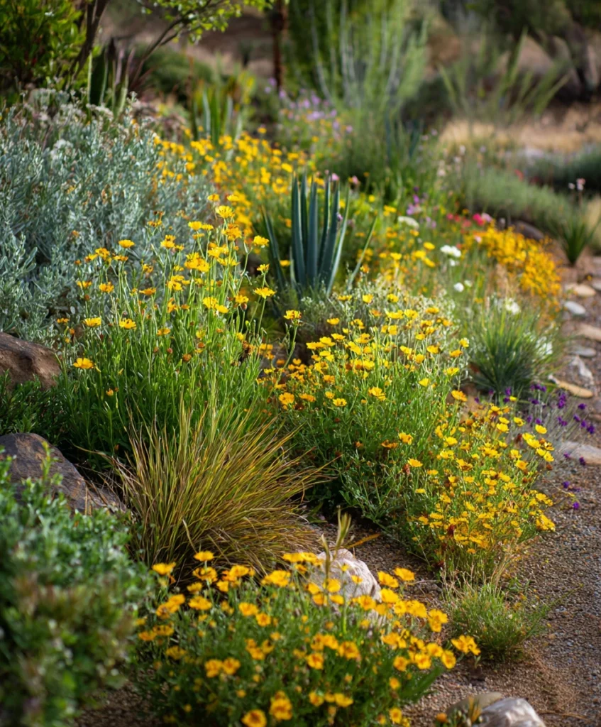 close-up garden bed filled with native plants like desert marigolds, ornamental grasses, and agave