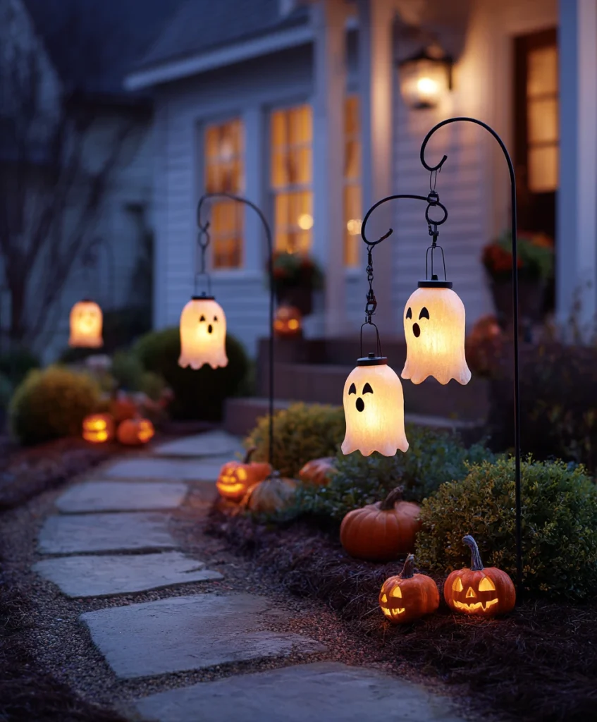 front yard pathway lit with glowing ghost-shaped lamps hanging from black shepherd hooks