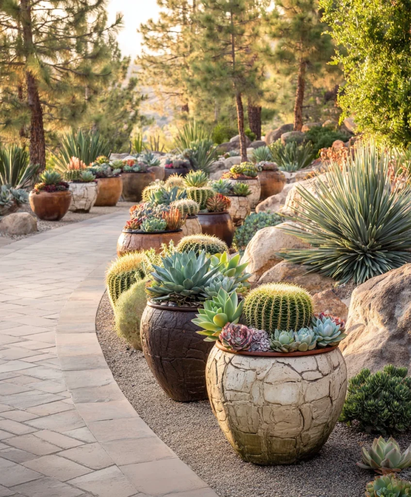 desert-style xeriscape garden pathway lined with large decorative planters filled with a variety of succulents and cacti