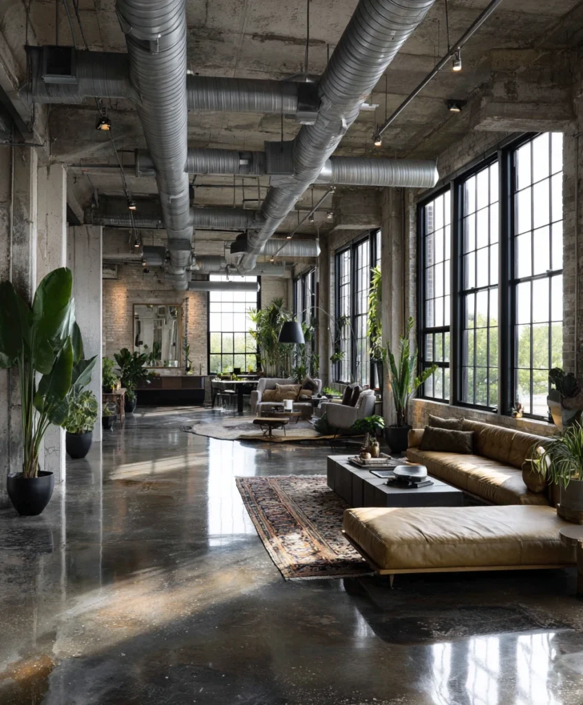 a spacious industrial loft with polished concrete floors
