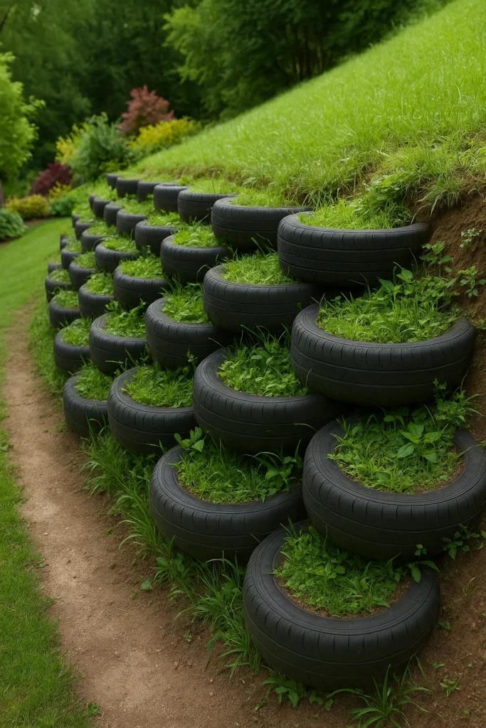 Eco-friendly retaining wall made from stacked recycled tires, with grass and plants growing through each tier.